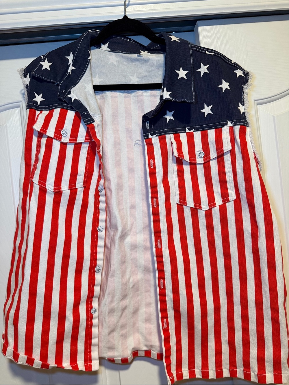 Patriotic Sleeveless Button-Front Shirt - Red, White & Blue